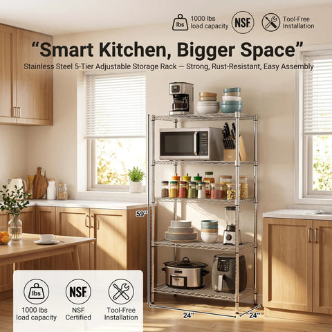 Built Like A Tank Heavy Duty Five Tier Wire Shelving Rack With Thick Steel Frame And Adjustable Chrome Pantry Shelves For Kitchen Laundry Home Storage Organization in kitchen with microwave and cookware.