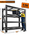Heavy Duty Garage Shelving Units With 3044 Pound Capacity, 4-tier black steel shelving unit at 72in height with large tote.