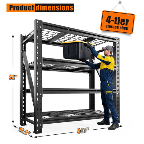 Heavy Duty Garage Shelving Units With 3044 Pound Capacity, 4-tier black steel shelving unit at 72in height with large tote.