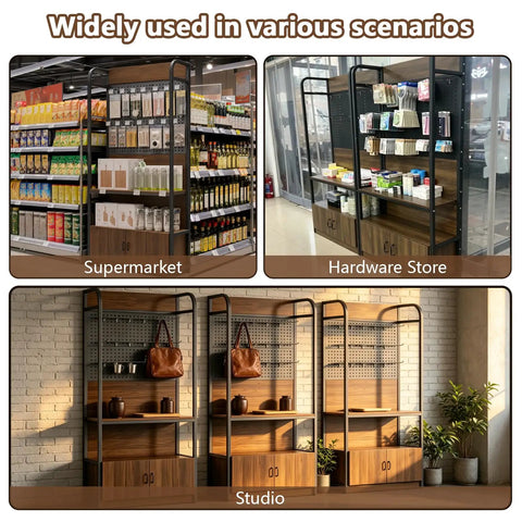 Rock Solid Retail Display Rack With Pegboard And Hooks, Freestanding Store Shelving Stand, Handy Storage Cabinet Below, No Sweat Setup For Boutiques And Convenience Shops, Dark Walnut Finish shown in supermarket, hardware store, and studio.