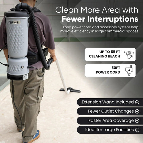 Dapper Durable 13 Pound Lightweight Backpack Vacuum Cleaner With Hepa Filter and 10.5 Qt Capacity in commercial cleaning use.