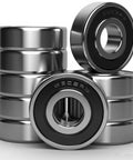 10 Pack 6302 2RS Double Rubber Sealed Deep Groove Ball Bearings stacked showing precision steel construction and rubber seals.