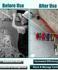 Before and after use of multi reel electrical wire dispenser with plastic spool and foldable portable cable caddy in warehouse.