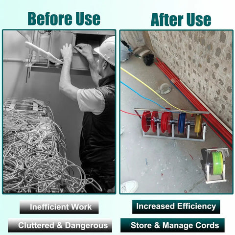 Before and after using Collapsible Wire Spool Rack Cable Caddy for easy cable storage, portable wire organizer stands with reels.