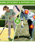 Comparison of two people using an all purpose lawn thatch rake with 15 inch head beefy 19 tines 68 inch adjustable handle.