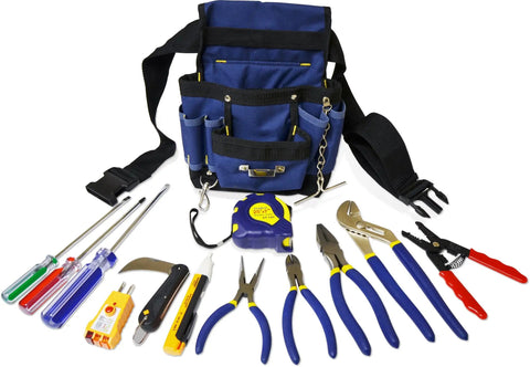 Electrician General Purpose Tool Kit With 13 Essential Tools In Durable Canvas Pouch Including Voltage Detector, AC Receptacle Tester, 25 Ft Tape Measure, Hawkbill Knife, Wire Stripper, 6 In Diagonal Cutters, 6 In Long Nose Pliers And More