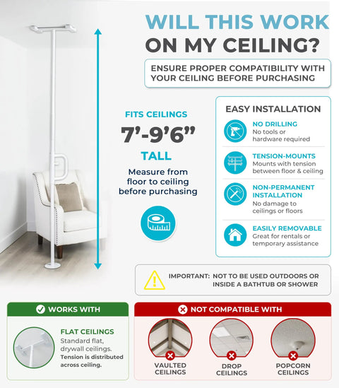 Tension Mounted Floor To Ceiling Transfer Pole With A Swivel Grab Bar And Rock Solid Grip For Bathroom Safety Senior Assist And No Sweat Daily Mobility Support In White, installation guide for ceiling compatibility.