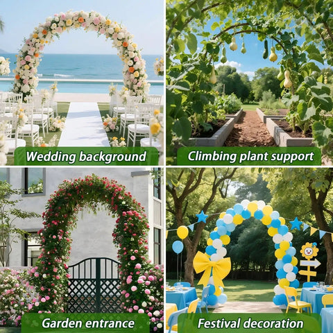 Sturdy Metal Garden Arch Trellis For Climbing Plants Dual Shape Design at outdoor wedding and garden entrance, blue balloon arch.