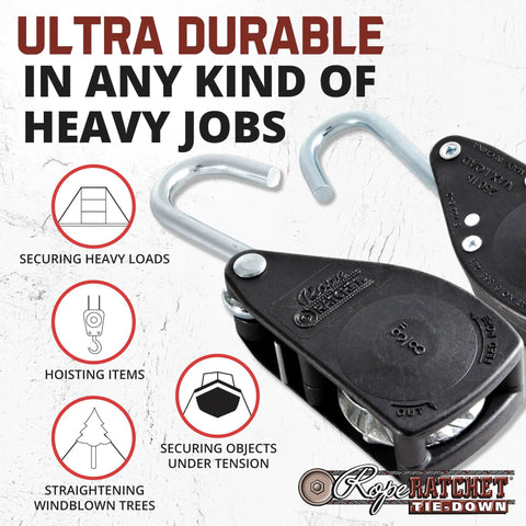 Heavy Duty 3/8 Inch Rope Ratchet Tie Down Pulley Hanger With Self Locking Tension System Built Tough For Shade Sails Hammocks Canopies And Garden Hoisting 250 lb Capacity No Rope Included shown with icons depicting uses like securing heavy loads and hoisting items, with text 'Ultra Durable In Any Kind of Heavy Jobs'. Image displays close-up of pulley system with hooks.