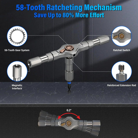 Precision Magnetic Screwdriver Set With S2 Steel Bits And Aluminum Handle, Compact Ratcheting Repair Kit showing 58-tooth ratchet mechanism and details.
