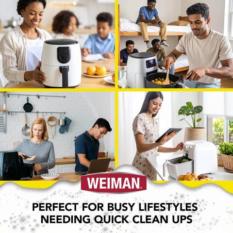 Weiman Foaming Air Fryer Cleaner kit; white bottle with black cap beside a white air fryer in a bright kitchen collage