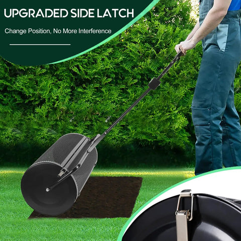 Compost And Peat Moss Spreader With 2-In-1 ATV And T Shaped Handle 44 Inch Rolling Width on grass with laser cut wire mesh