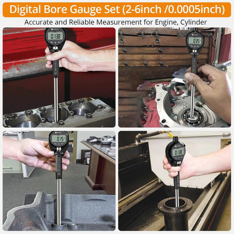 Digital Bore Gauge Set 2 To 6 Inches With Rugged Aluminum Case measuring engine cylinders in workshop settings.