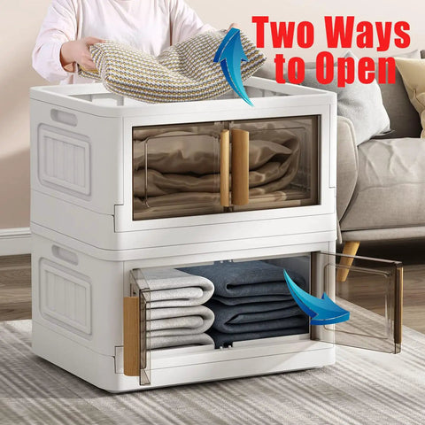 Slim Side Access White Storage Tower Featuring Stackable Plastic Bins With Secure Lids For Effortless Home Organization In Tight Spaces, showcasing two-way opening.