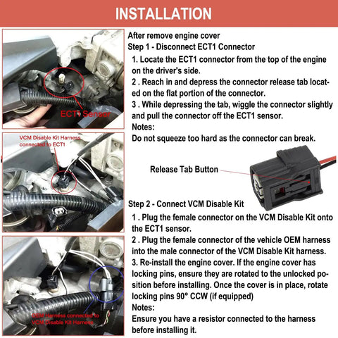 Installation guide showing Plug And Play VCM Disable Harness For Honda 3.5L V6 Engines connected to ECT1 sensor.