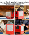 Portable Air Filtration System With Built In Ionizer For Woodworking Dust Control shown in workplace settings
