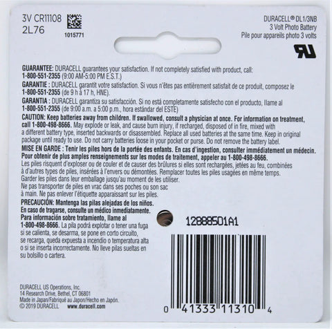 Back of Top Shelf 3 Volt Lithium Photo Batteries Model 13N Carded Pack showing usage instructions and barcode.