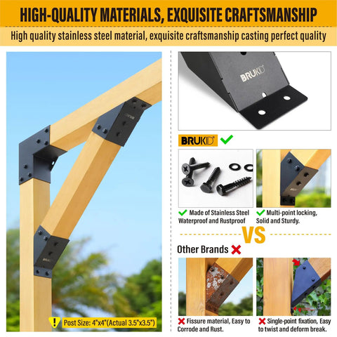 Heavy Duty 4 Pack 45 Degree Angle Brackets For Pergolas Gazebos Decks And Porches 3.5 By 3.5 Inch Real Size 4x4 Frosted Black Outdoor Wood Support Brackets Kit For Cabins