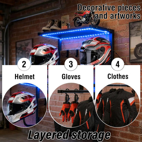 Badass Motorcycle Helmet Rack Wall Mount Featuring Remote Controlled RGB Ambient Light Strip For Grease Monkey Gear Storage With Solid Wood And Steel Build System with helmets, gloves, and clothes displayed.