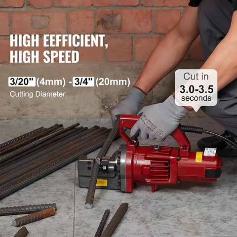 Heavy Duty Electric Hydraulic Rebar Cutter 1250W 110V Sparks Free Fast Cut In About Three Seconds Cuts Up To Three Quarters Inch 6 20 mm Steel Rebar Perfect For Concrete Construction Industrial Grade Reliable Performance cutting steel rebar on floor at construction site.