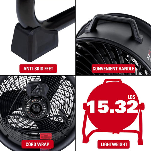 Close-up details of 16-Inch Industrial Drum Fan with 3 Speed Settings, showing anti-skid feet, handle, cord wrap, and weight chart.