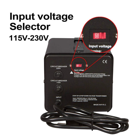 Back view of Step Up And Step Down Voltage Converter Transformer From 110 to 220V Up To 220 to 240V Heavy Duty 1000W showing input voltage selector.