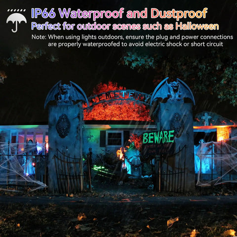 Hella Bright RGB LED Flood Lights For Outdoor Use With No Fuss Bluetooth App And Instant Remote Control 30 Watt lighting a Halloween display.