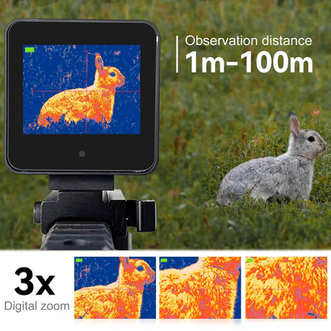 Tough Thermal Night Vision Hunting Scope With 320x240 Infrared Sensor Real Time 50Hz Frame showing rabbit, mounted on 21mm rail.
