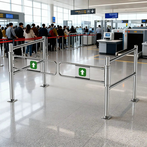 Rock Solid Automatic Swing Gate With Spring Self Closing Mechanism Heavy Duty Security Barrier For Pets Kids And Outdoor Patios in an airport setting.