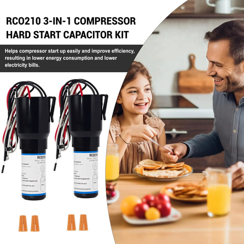 2 Pack Rco210 3 In 1 Hard Start Capacitor Kit For 1 3 To 1 2 Hp Systems With Solid State Relay and Overload Protector on a kitchen table.