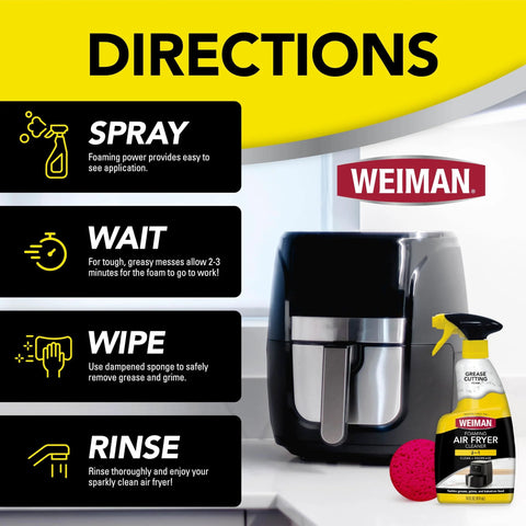 Weiman foaming air fryer cleaner spray bottle with yellow nozzle beside air fryer, front view