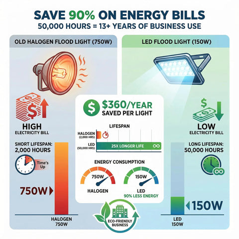 Comparison infographic of Badass 150W Led Flood Light Outdoor 18000 Lumen Daylight 6500K IP66 Waterproof vs Halogen.