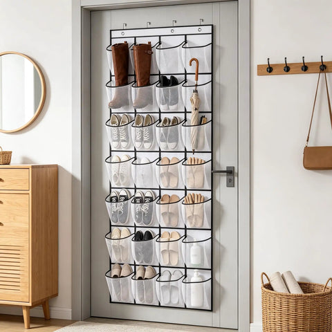 Over The Door Shoe Rack With 28 Spacious Pockets For Max Storage Capacity Breathable Mesh Hanging Shoe Organizer mounted over a door.