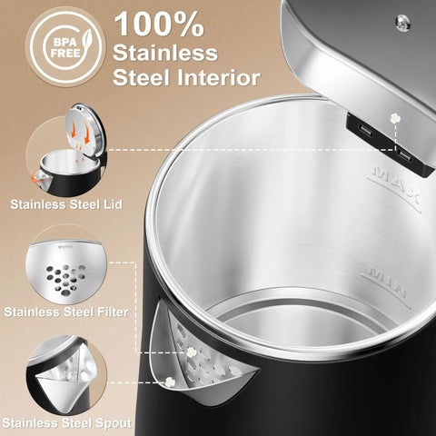 Interior view of Ultra Portable 0.8L Electric Kettle With Stainless Steel Build, 800W Quick Boil, showing lid, filter, and spout.