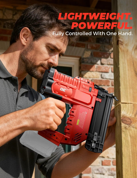 Built Tough 18 Gauge Cordless Brad Nailer And 2 In 1 Electric Stapler For Milwaukee 18V Batteries held by a man against wood.