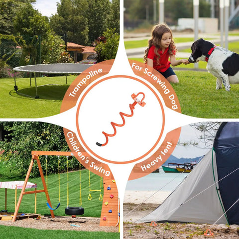 Collage showing uses for Heavy Duty Screw In Ground Anchors Kit with Metal Spiral Earth Stakes for swings, trampoline, tent, and dog tie-out.