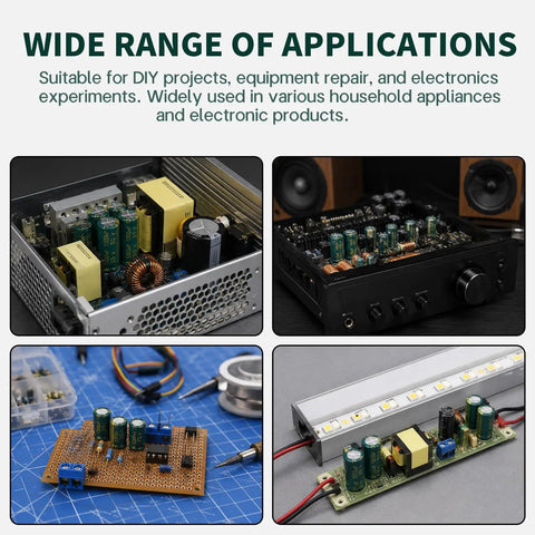 No Sweat Aluminum Electrolytic Capacitor Assortment Kit Featuring 24 Values Spanning 1Uf To 2200Uf At 16V 25V 35V 50V 63V used in various electronics projects and repairs.