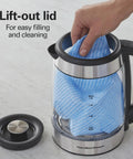 Electric Tea Kettle With 1500 Watts For Fast Boil 1.8 Liter Water Boiler with open lid, showing easy cleaning with a cloth.