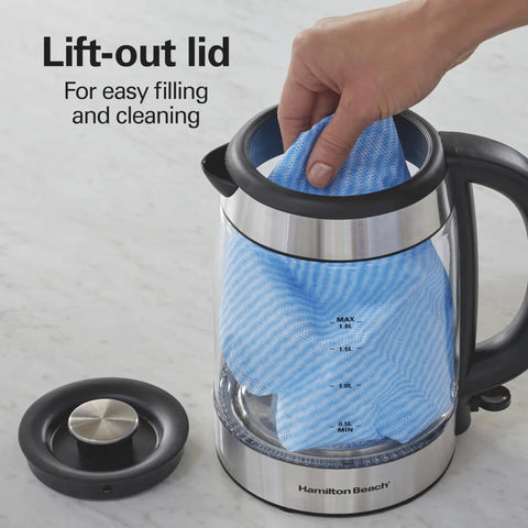 Electric Tea Kettle With 1500 Watts For Fast Boil 1.8 Liter Water Boiler with open lid, showing easy cleaning with a cloth.