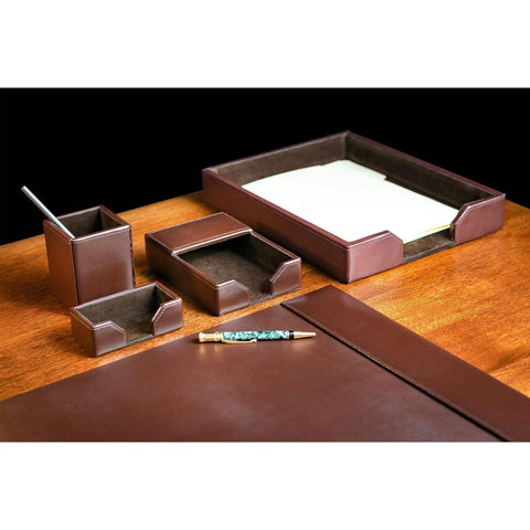 Bonded Leather Desk Set With Luxury Leather Desk Pad And Five Piece Organization Accessories In Dark Brown For A Boss Level Office Vibe