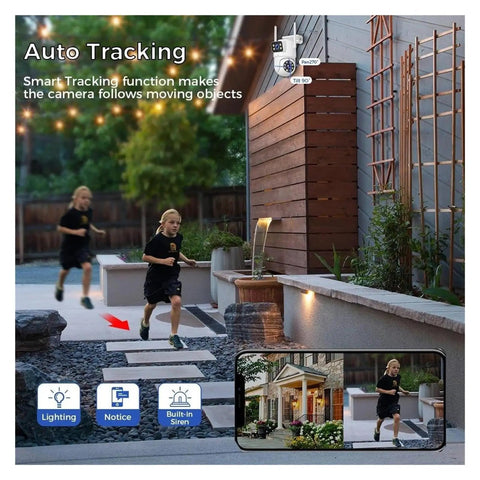 6MP Dual Lens WiFi NVR Security Camera Kit Shoots Hella Crisp 3K Video With Ultra Wide Angles And Smart Auto Tracking To Lock Down Your Spot Flat Out Safe Day Or Night capturing a child running outside.