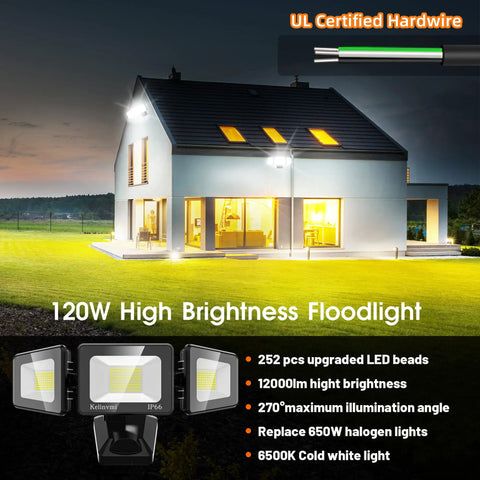 Beast Mode 120W LED Flood Lights Outdoor 12000 Lumens IP66 Waterproof Security Light 6500K Cold White Rock Solid Yard Lighting with 252 Beads illuminating a modern house.