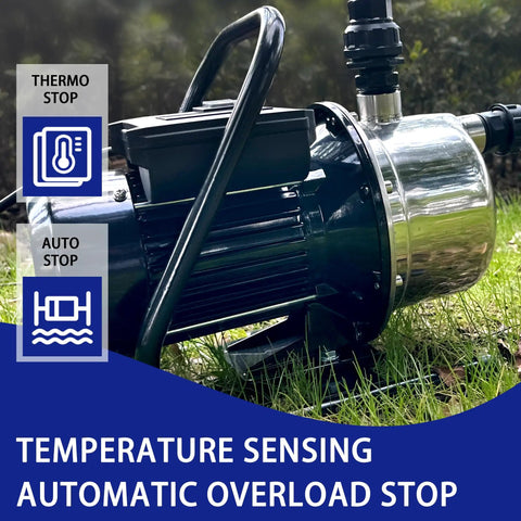 Shallow Well Pump With Stainless Steel Build, 1.6 HP Water Transfer Pump, shown on grass with automatic stop features.