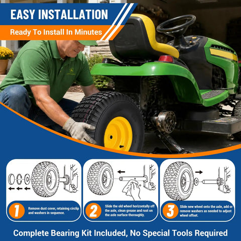 Rear Lawn Mower Tire And Wheel Assembly 2 Pack 20x8 Tubeless 4 Ply Pre Mounted Kit being installed on a garden tractor.
