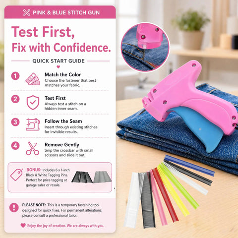 Pink and blue no sew stitch gun with denim fabric and multi-colored fasteners for quick fixes and cosplay mods. Skip The Sewing Machine For This Game Changer No Sew Stitch Gun Making Snappy Apparel Fixes With Seven Color Quick Snap Fasteners Built For Cosplay Mods Hemming And Strap Adjustments Rock Solid.