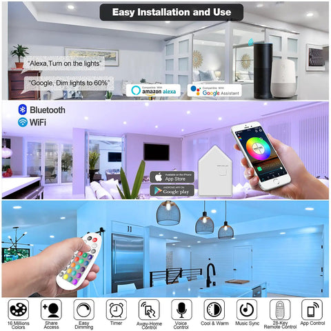 Person demonstrating smart home control with Smart 4 Inch Recessed LED Downlight Kit 6 Pack With Bluetooth Mesh for living room and kitchen.