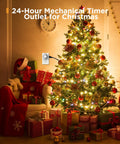 24 Hour Plug In Mechanical Outlet Timers 4 Pack Dead Simple 30 Minute Interval Scheduling Smooth Daily On Off Cycling For Indoor Lights And Everyday Appliances No Sweat Setup next to a brightly lit Christmas tree.