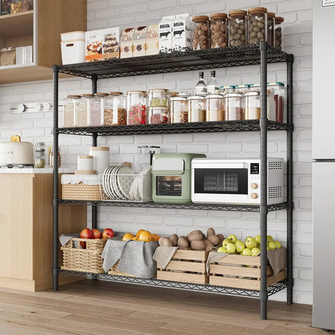 Rock Solid 4 Tier Metal Storage Shelves Heavy Duty Industrial Grade Garage Organization Rack 47 Inches Wide with kitchen items.