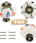 Swanky Vintage Pumpkin Drawer Knobs, Six Piece Ceramic Cabinet Pulls With A Vibrant Red Flower And Branch Print, displaying blue and orange designs.