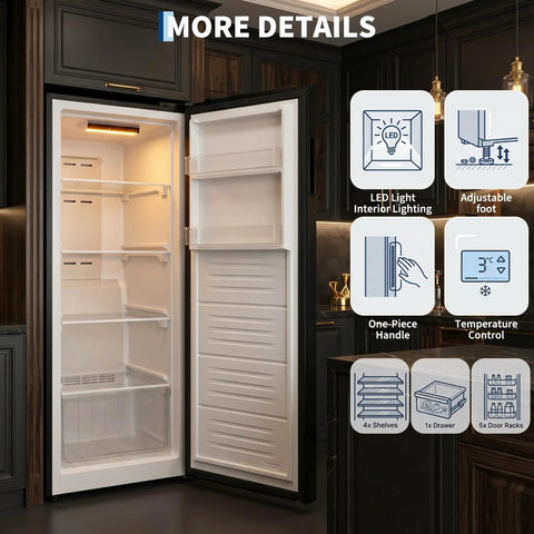 Interior view of No Sweat 11 Cu Ft Frost Free Upright Freezer With Convertible Fridge Mode And Adjustable Shelves featuring LED lighting and control.
